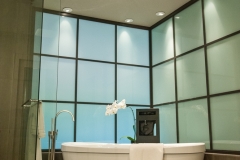 Beautiful Modern Bathroom Glass Window Wall & Modern Bathtub—CO Residential remodeling contractors